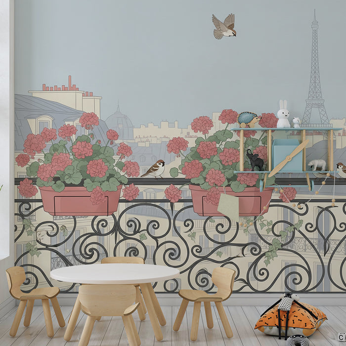 Papier peint chambre bébé | Balcon fleuri et Tour Eiffel