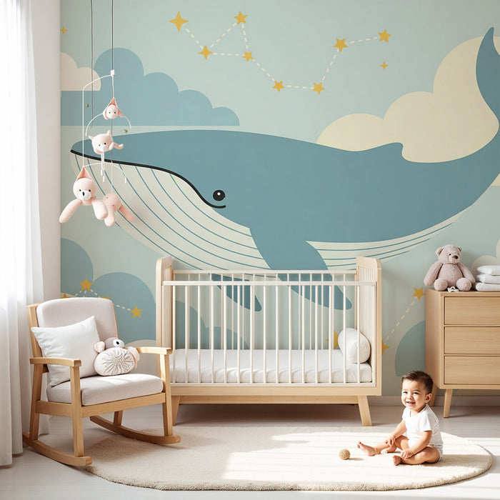 Nursery room wallpaper | Whale in the clouds with twinkling stars