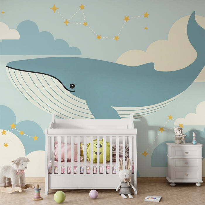 Nursery room wallpaper | Whale in the clouds with twinkling stars