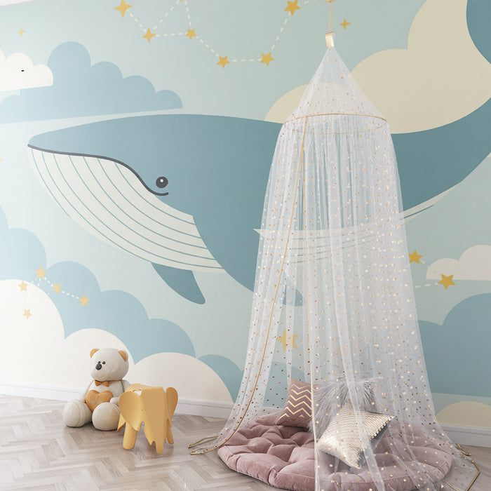 Nursery room wallpaper | Whale in the clouds with twinkling stars