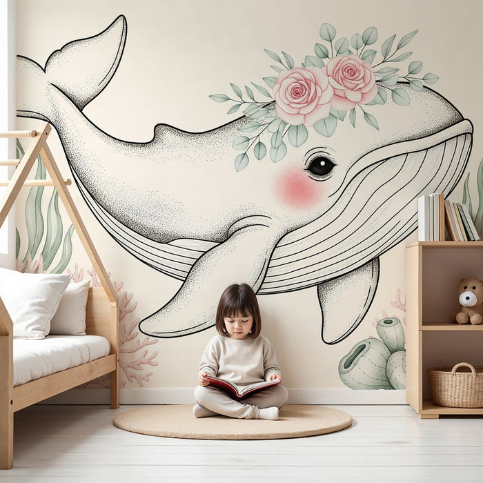 Papel de parede quarto bebê | Delicada baleia e corais coloridos