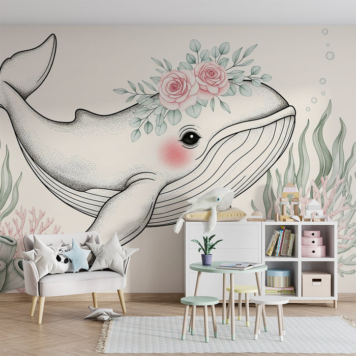Papel de parede quarto bebê | Delicada baleia e corais coloridos
