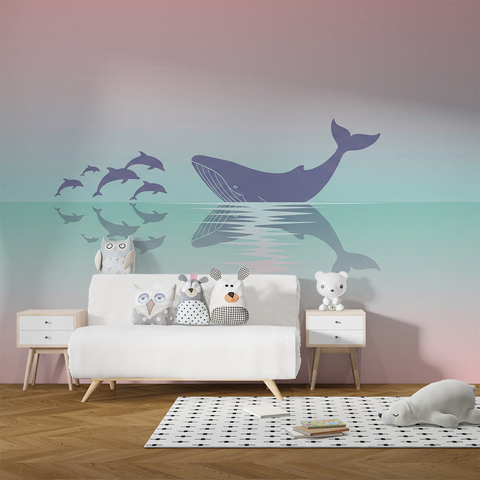 Papel de parede quarto bebê | Baleia e golfinhos em um oceano pastel