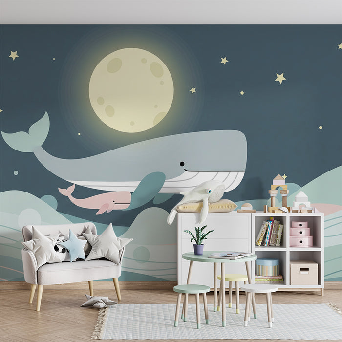 Børneværelse tapet | Hval og hendes lille under en stjernehimmel