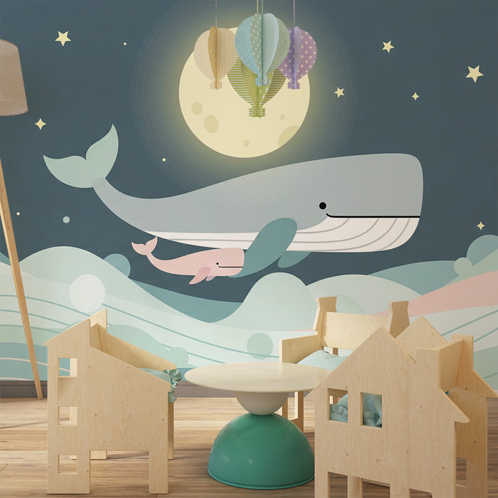 Børneværelse tapet | Hval og hendes lille under en stjernehimmel