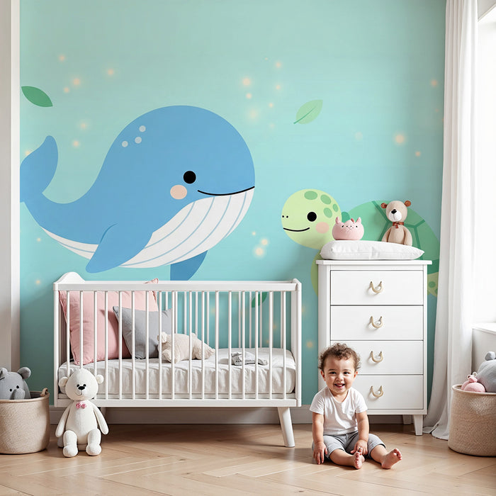 Barntapet | Val och sköldpadda i en lugn ocean