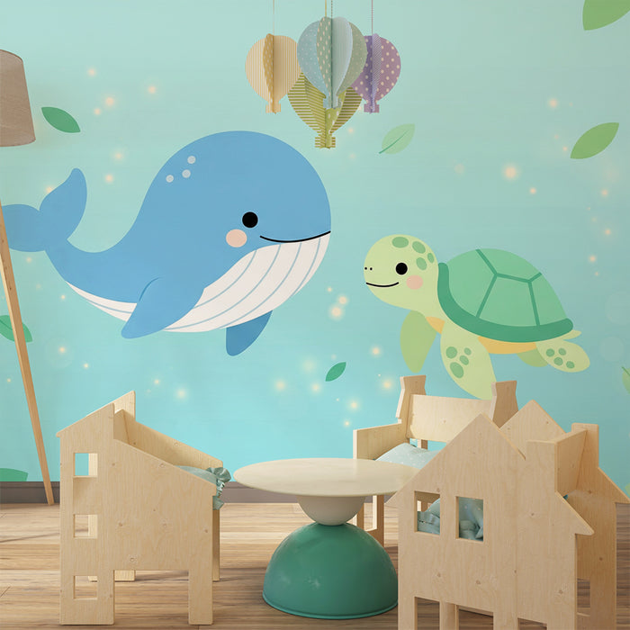 Barntapet | Val och sköldpadda i en lugn ocean
