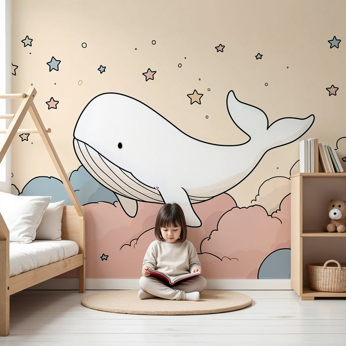 Carta da parati bambini | Balena galleggiante tra le nuvole e le stelle pastello
