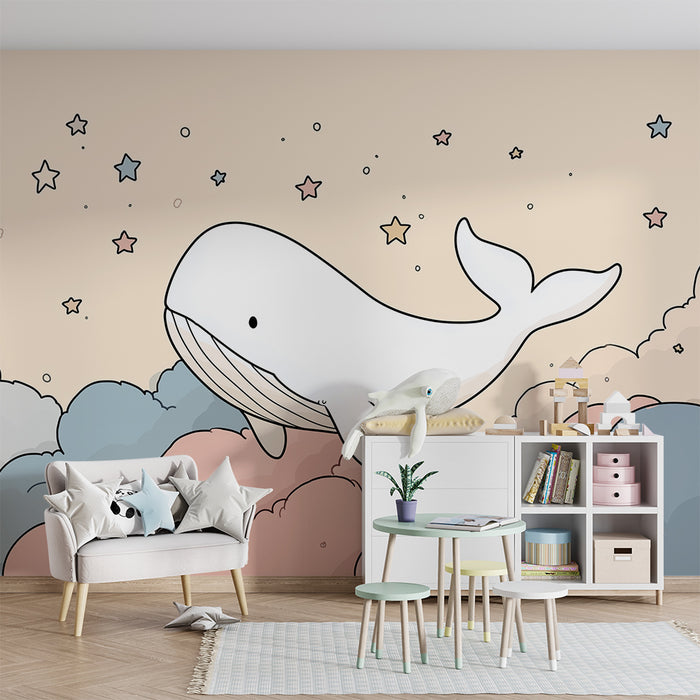 Carta da parati bambini | Balena galleggiante tra le nuvole e le stelle pastello