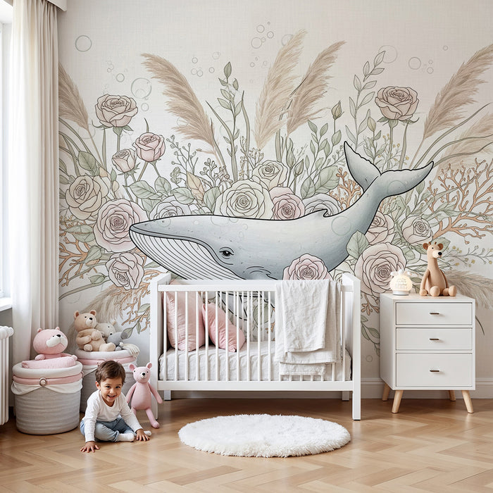 Barntapet | Grå val med omgiven av delikata blommor och koraller