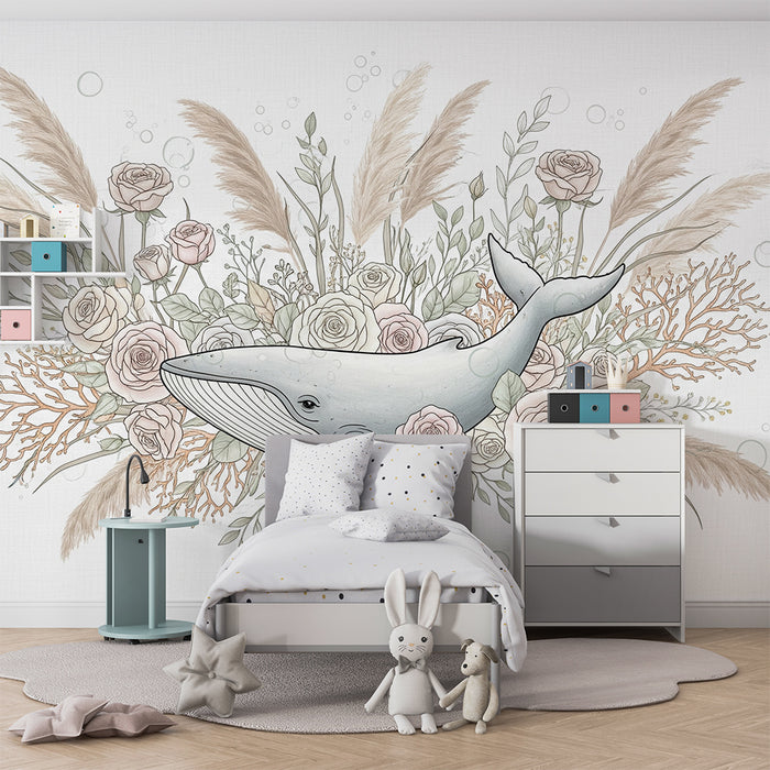 Barntapet | Grå val med omgiven av delikata blommor och koraller