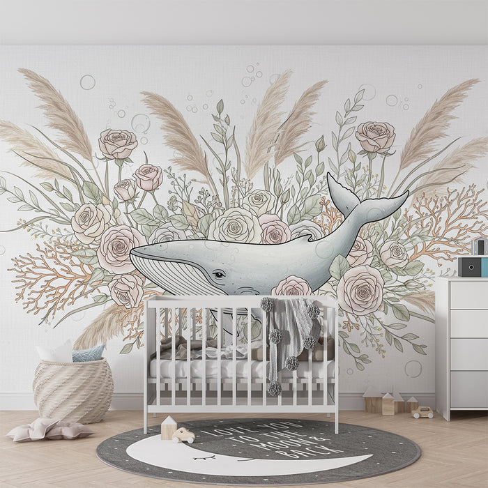 Barntapet | Grå val med omgiven av delikata blommor och koraller