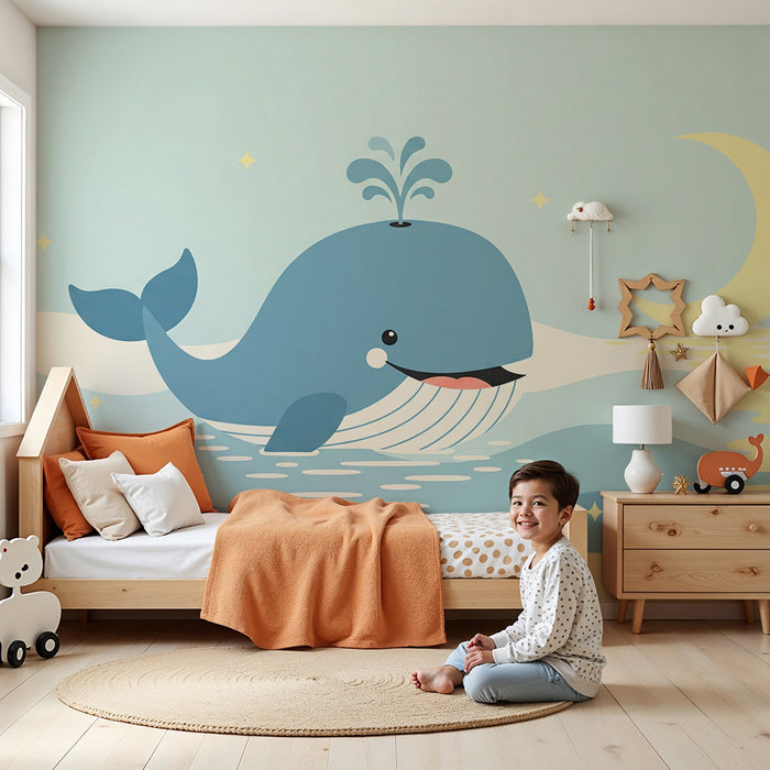 Børneværelse tapet | Glade hvaler i måneskin på rolige bølger