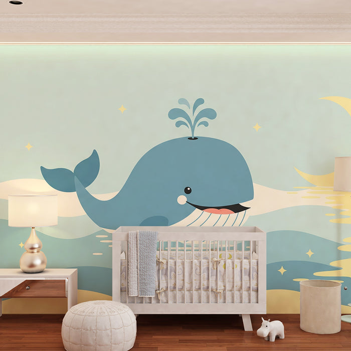 Børneværelse tapet | Glade hvaler i måneskin på rolige bølger