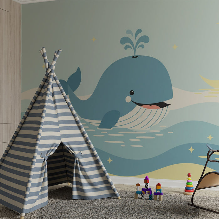 Børneværelse tapet | Glade hvaler i måneskin på rolige bølger