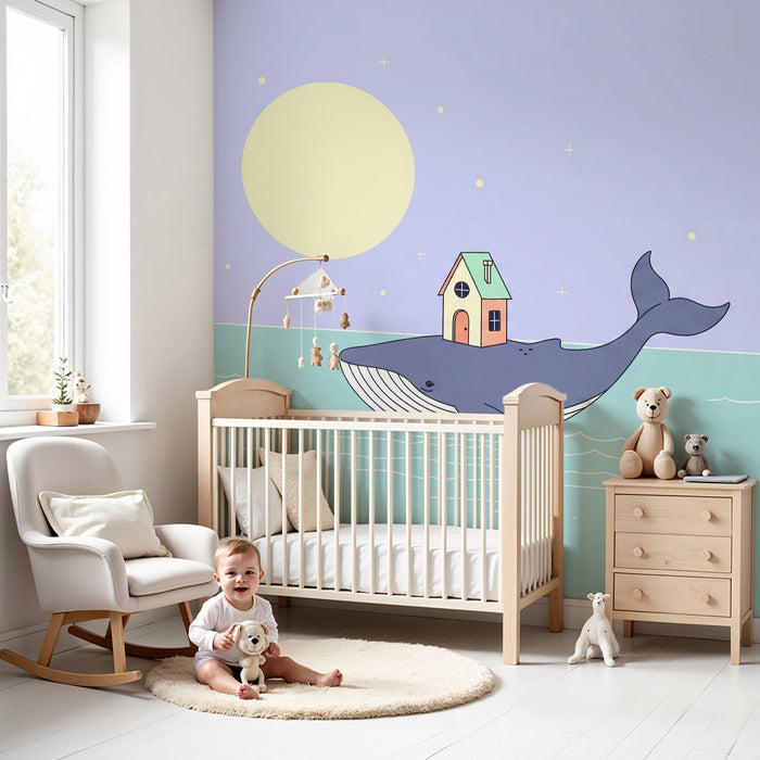 Børneværelse tapet | Glad hval med hus på ryggen under månen