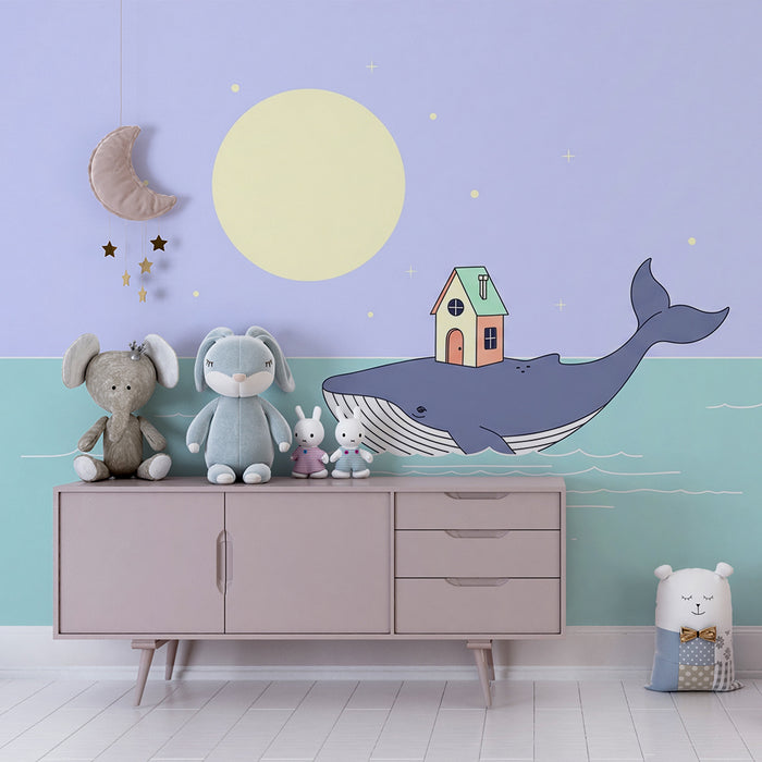 Børneværelse tapet | Glad hval med hus på ryggen under månen