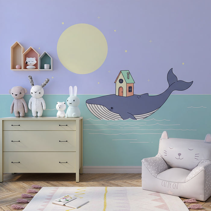 Børneværelse tapet | Glad hval med hus på ryggen under månen