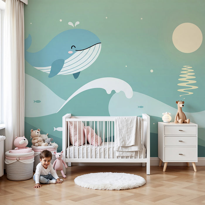 Carta da parati bambini | Balena felice in un oceano tranquillo