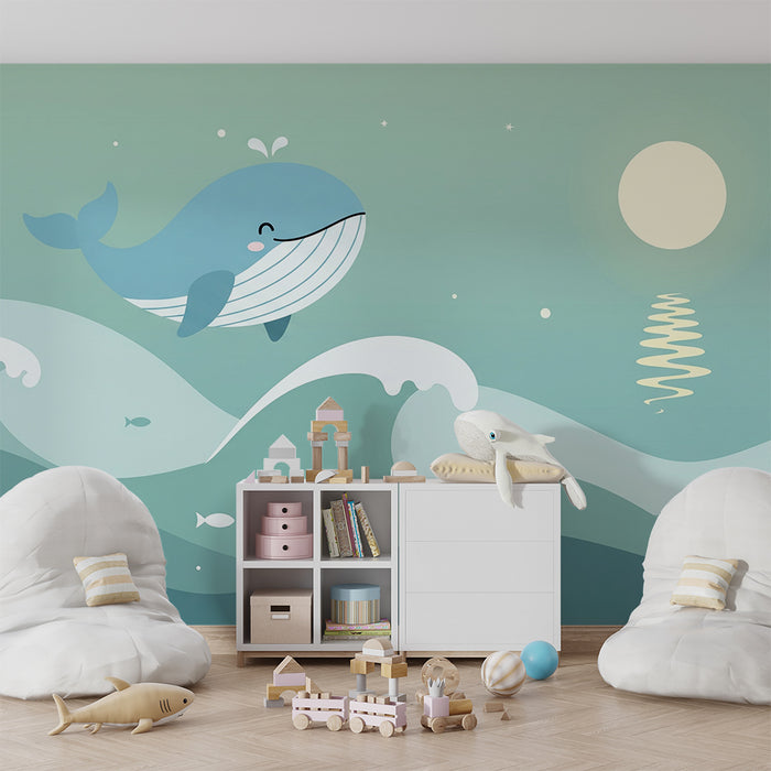 Carta da parati bambini | Balena felice in un oceano tranquillo