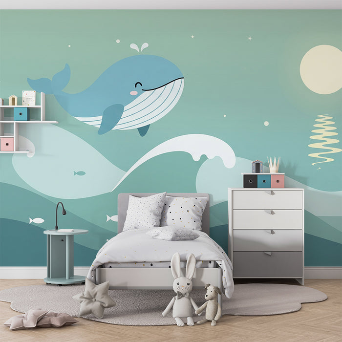 Carta da parati bambini | Balena felice in un oceano tranquillo