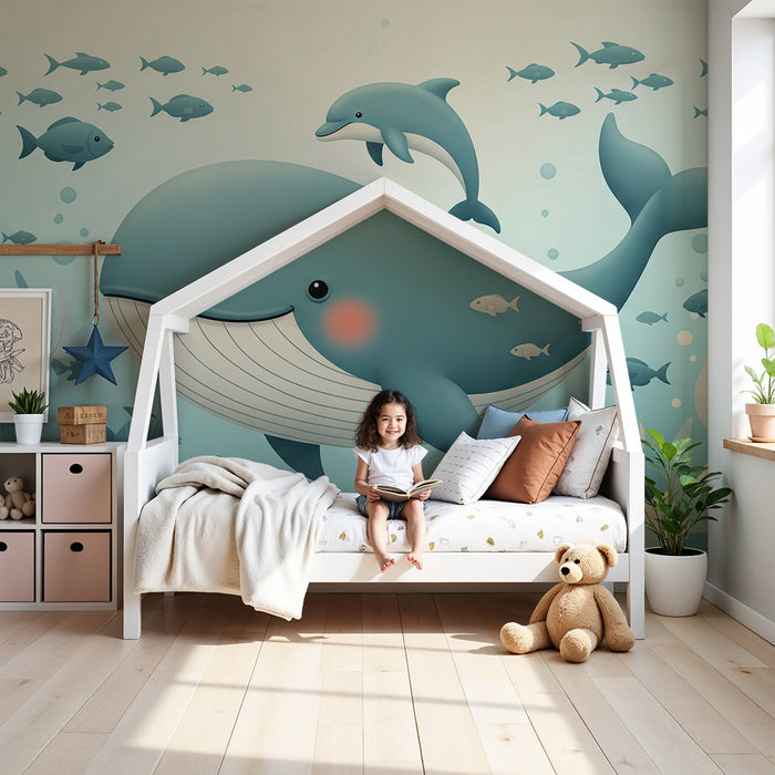Tapet pentru camera de bebeluși | Balena veselă și prietenii marini într-o lume subacvatică liniștitoare