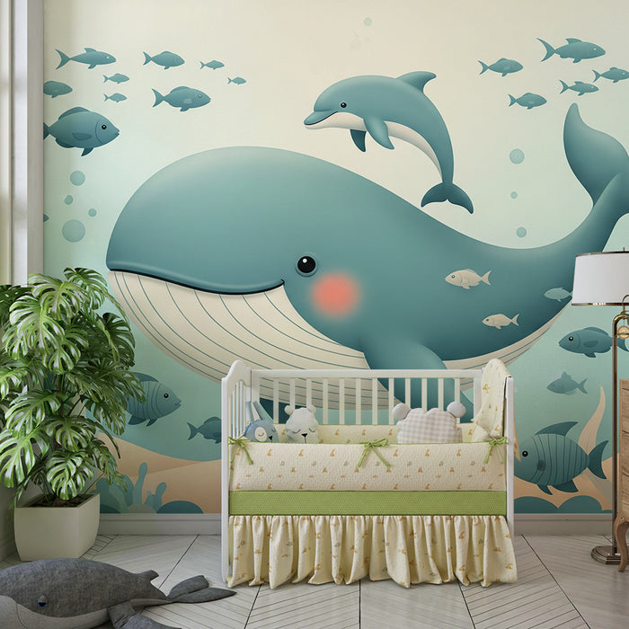 Tapet pentru camera de bebeluși | Balena veselă și prietenii marini într-o lume subacvatică liniștitoare