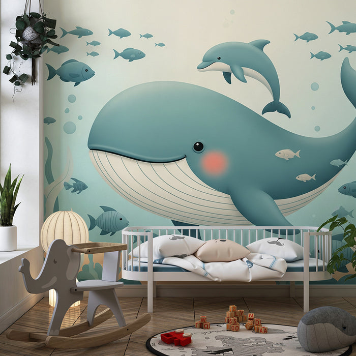 Tapet pentru camera de bebeluși | Balena veselă și prietenii marini într-o lume subacvatică liniștitoare