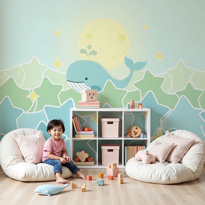 Papier peint chambre bébé | Baleine joyeuse et étoiles scintillantes dans un océan apaisant