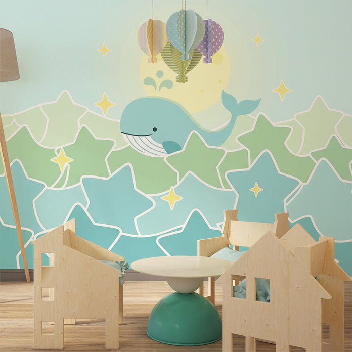 Papier peint chambre bébé | Baleine joyeuse et étoiles scintillantes dans un océan apaisant