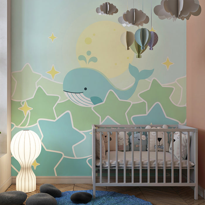 Papier peint chambre bébé | Baleine joyeuse et étoiles scintillantes dans un océan apaisant