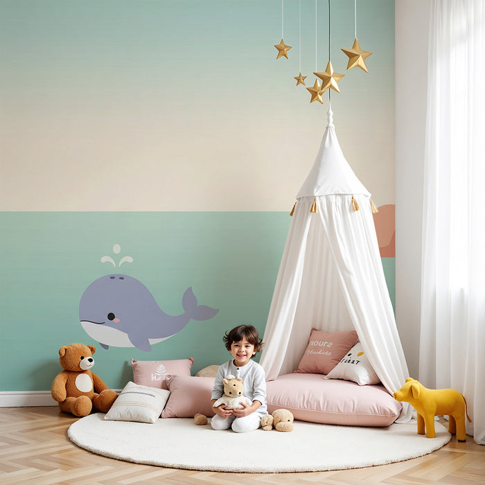 Børneværelse tapet | Glade hvaler og farverige havlandskaber