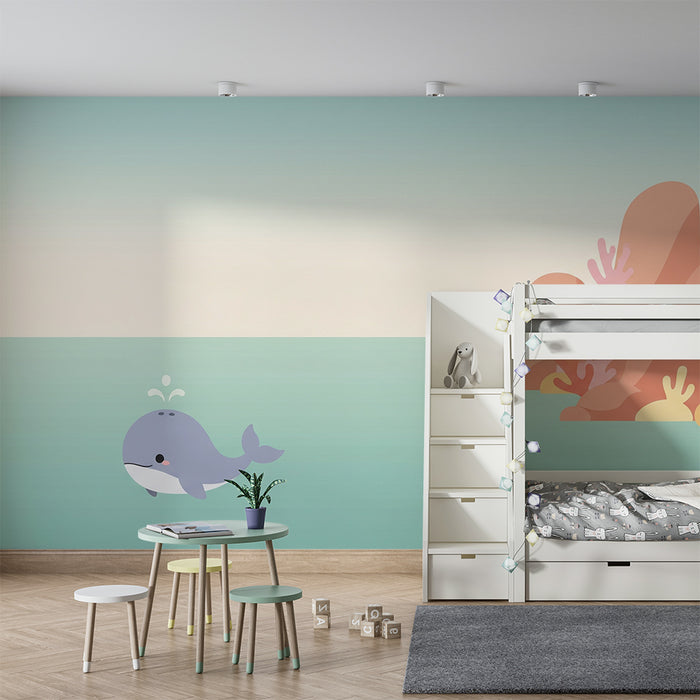 Børneværelse tapet | Glade hvaler og farverige havlandskaber