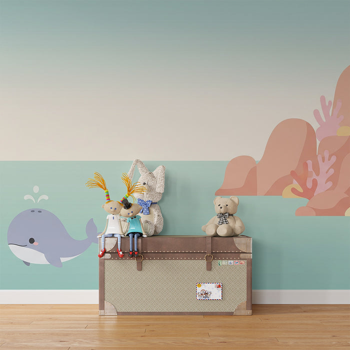 Børneværelse tapet | Glade hvaler og farverige havlandskaber