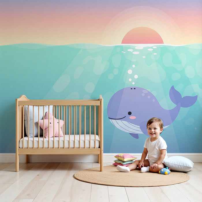 Børneværelse tapet | Glade hvaler under bølgerne med en solnedgang