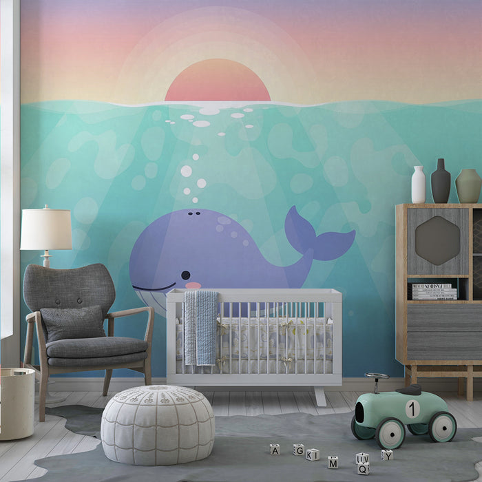 Børneværelse tapet | Glade hvaler under bølgerne med en solnedgang