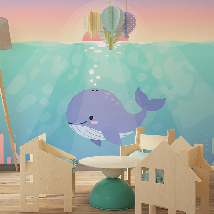 Børneværelse tapet | Glade hvaler under bølgerne med en solnedgang