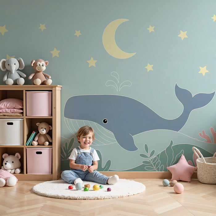 Børneværelse tapet | Glade hvaler under en stjerneklar himmel med farverige koraller