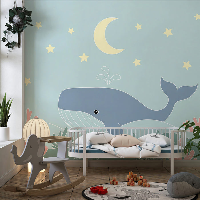 Børneværelse tapet | Glade hvaler under en stjerneklar himmel med farverige koraller