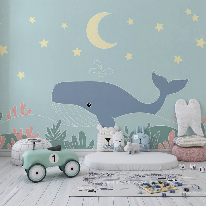 Børneværelse tapet | Glade hvaler under en stjerneklar himmel med farverige koraller
