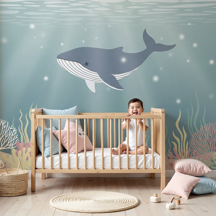 Papel de parede quarto bebê | Balena majestuoasă într-o lume subacvatică liniștitoare
