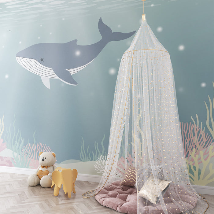 Papel de parede quarto bebê | Balena majestuoasă într-o lume subacvatică liniștitoare