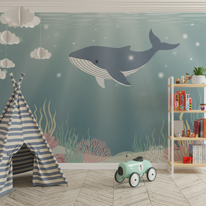 Papel de parede quarto bebê | Balena majestuoasă într-o lume subacvatică liniștitoare