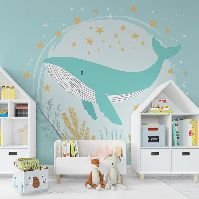 Papier peint chambre bébé | Baleine majestueuse nageant parmi les étoiles et les algues marines