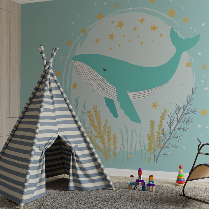 Papier peint chambre bébé | Baleine majestueuse nageant parmi les étoiles et les algues marines