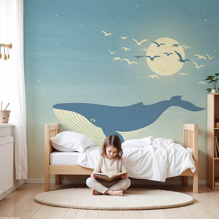 Papel de parede quarto bebê | Baleia majestosa sob a lua com pássaros voando