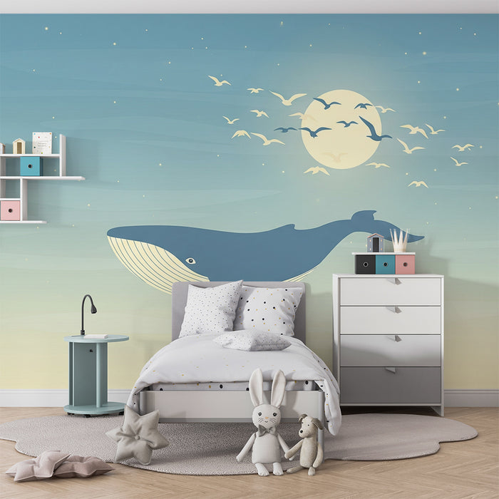 Papel de parede quarto bebê | Baleia majestosa sob a lua com pássaros voando