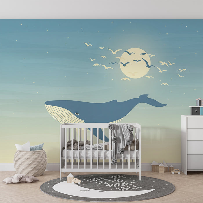 Papel de parede quarto bebê | Baleia majestosa sob a lua com pássaros voando