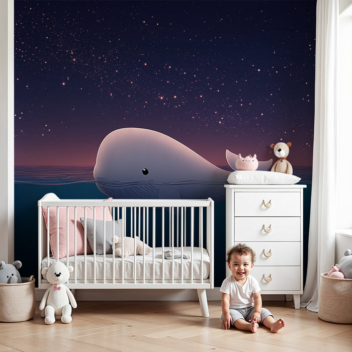 Papier peint chambre bébé | Baleine mignonne sous un ciel étoilé