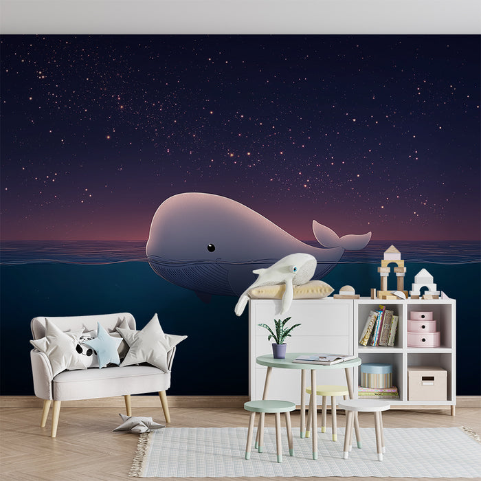 Papier peint chambre bébé | Baleine mignonne sous un ciel étoilé